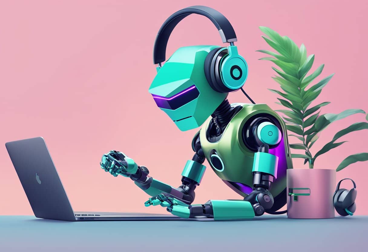 A robot with headphones connected to a device, displaying the Spotify logo and playing music