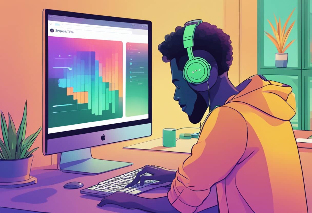 A Spotify bot listener enjoying music, with headphones on, sitting in front of a computer screen displaying the Spotify interface