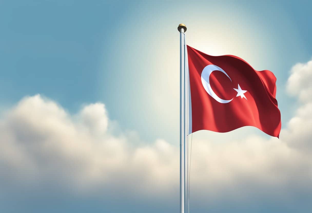 A Turkish flag waving in the wind against a clear blue sky on April 21, 2024