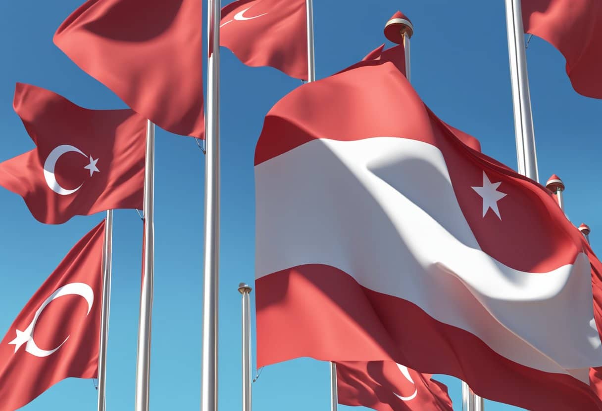 A Turkish flag waving in the wind against a clear blue sky, with the date "21 Nisan 2024" prominently displayed in bold letters