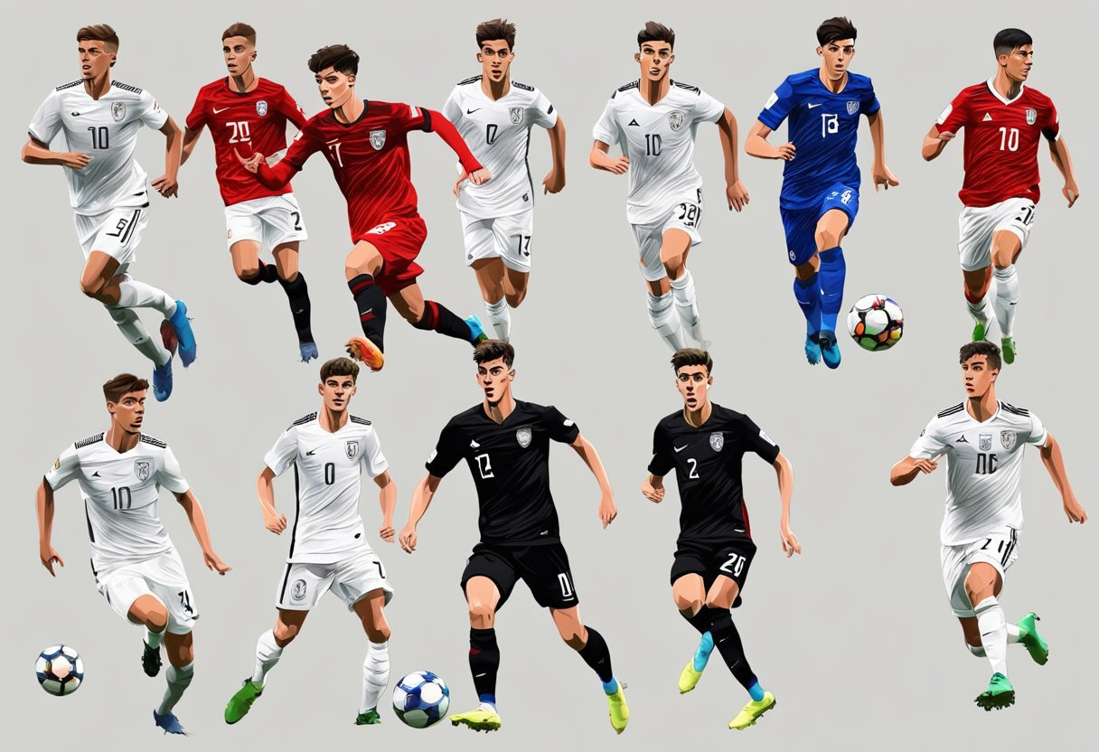 A soccer player in action, Kai Havertz, playing for the national team and various clubs in his career