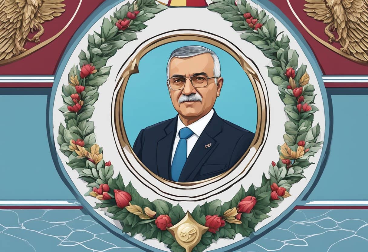 Former Sports Minister Mehmet Ali Yılmaz passed away. Scene: Trabzonspor logo, minister's portrait, and a wreath