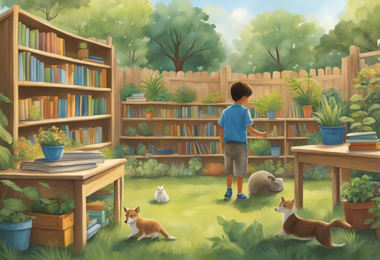 A young boy, Korhan Berzeg, explores a vibrant outdoor classroom filled with books, plants, and animals. He eagerly learns from his surroundings