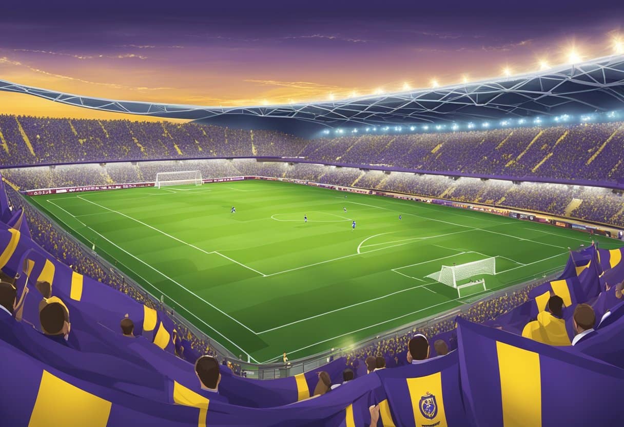Maribor football team's stadium, surrounded by cheering fans, with the team logo displayed prominently