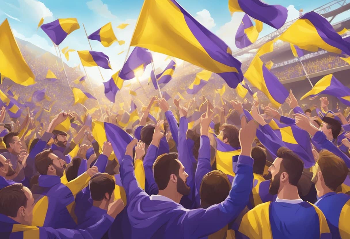 A lively scene of Maribor football fans celebrating and waving flags, creating a vibrant and passionate atmosphere