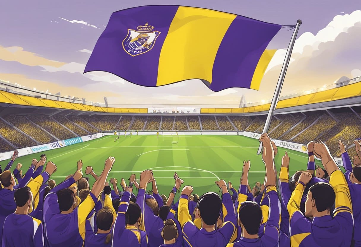 A soccer team, Maribor, plays on the field. Flags wave in the stands as fans cheer. The team's logo is prominent